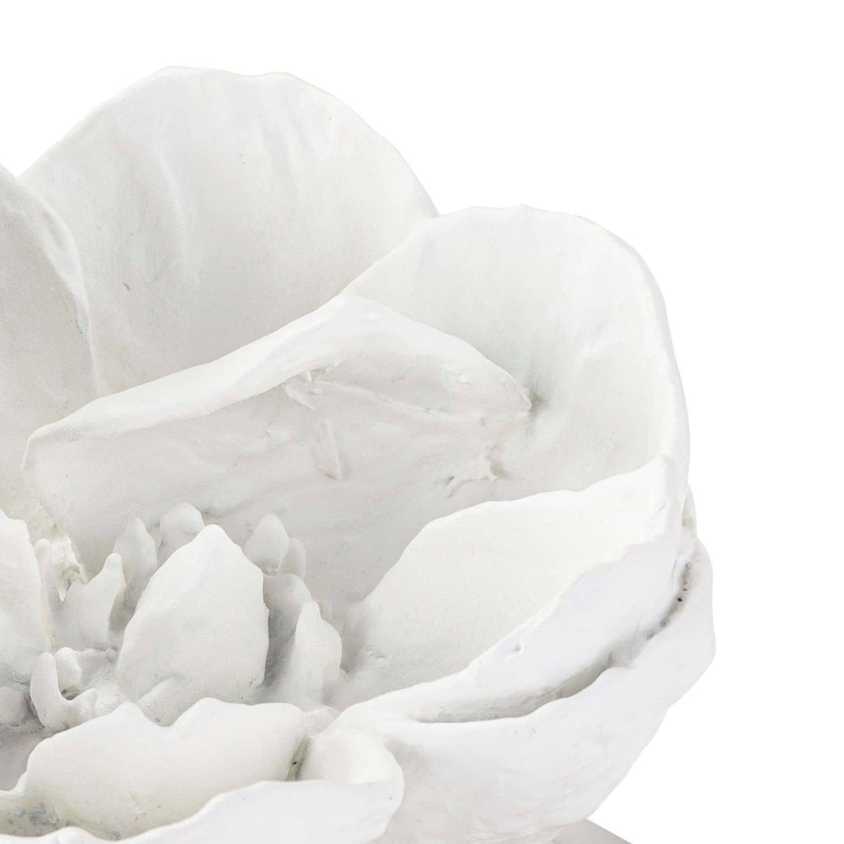 White magnolia bloom objet with textured petals on a crystal base, 5" tall.