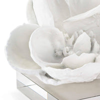 White magnolia bloom objet on a clear crystal base, 5" tall, modern glam style.