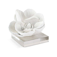 White magnolia bloom sculpture on a clear crystal base, 5" tall, modern glam style.