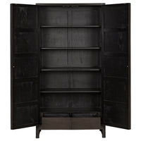 Dark burnished mahogany hutch with detailed hand-carving, open doors revealing shelves and two drawers.