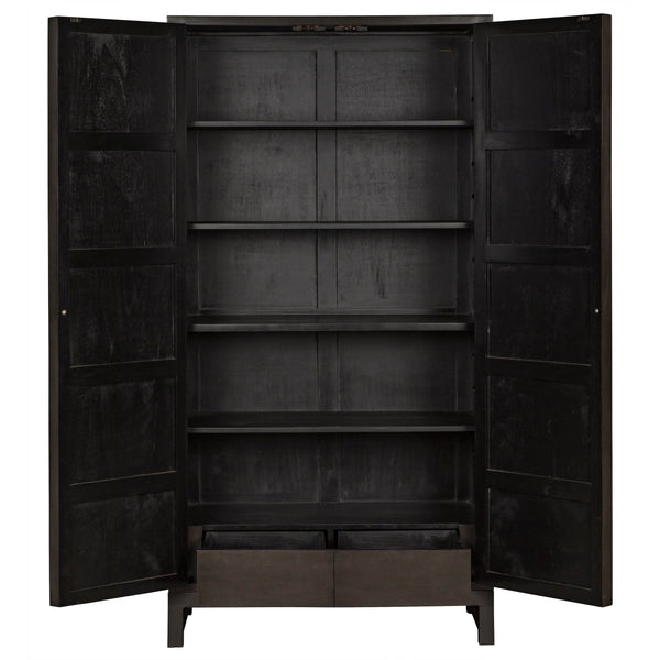 Dark burnished mahogany hutch with detailed hand-carving, open doors revealing shelves and two drawers.