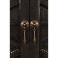 Close-up of a dark burnished mahogany hutch with detailed hand-carving and antique brass drop pull handles.