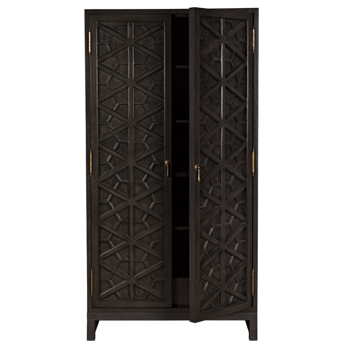 Dark burnished mahogany hutch with intricate hand-carved geometric doors, brass hardware, and open shelves.