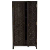 Dark burnished mahogany hutch with intricate hand-carved geometric doors, brass hardware, and open shelves.