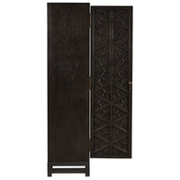 Dark burnished mahogany hutch with one open door revealing intricate hand-carved geometric patterns.