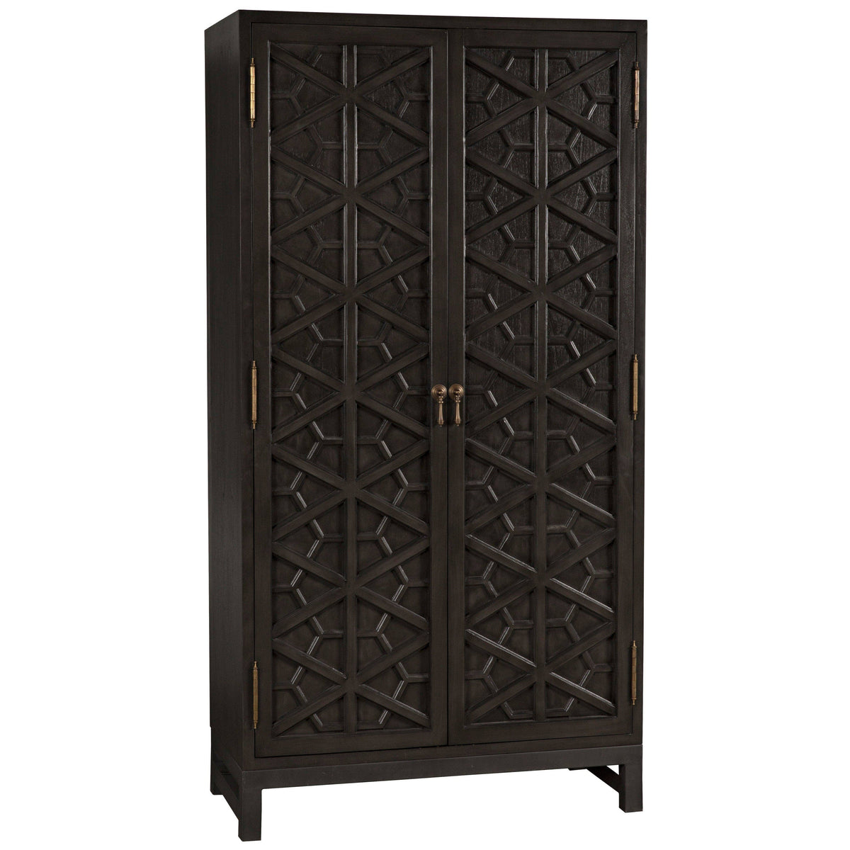 Maharadscha Small Pale hutch, dark burnished mahogany, hand-carved geometric doors, brass hardware.