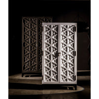 White mahogany hutch with intricate hand-carved geometric doors, next to a darker burnished mahogany version.