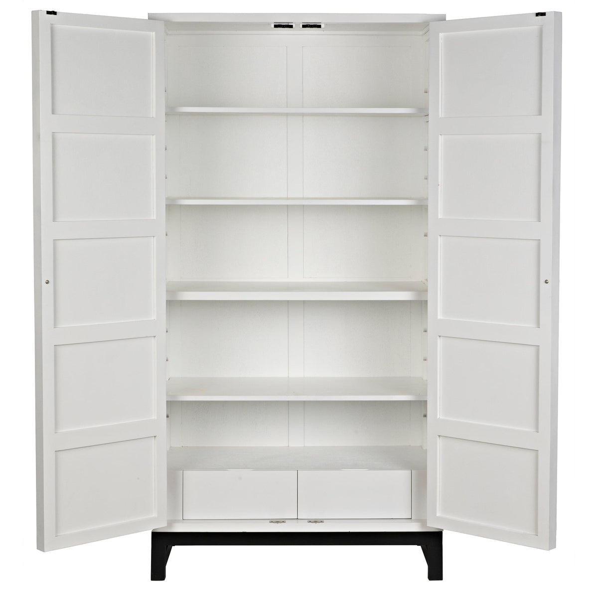 White mahogany hutch with open doors, revealing multiple shelves and two bottom drawers.