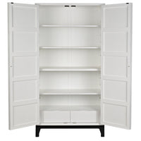 White mahogany hutch with open doors, revealing multiple shelves and two bottom drawers.