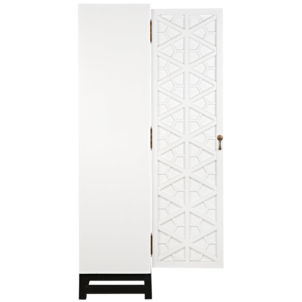 White mahogany hutch with intricate hand-carved geometric door, brass handle, and dark base.