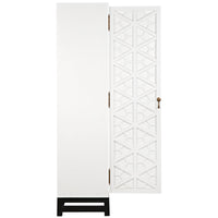 White mahogany hutch with intricate hand-carved geometric door, brass handle, and dark base.