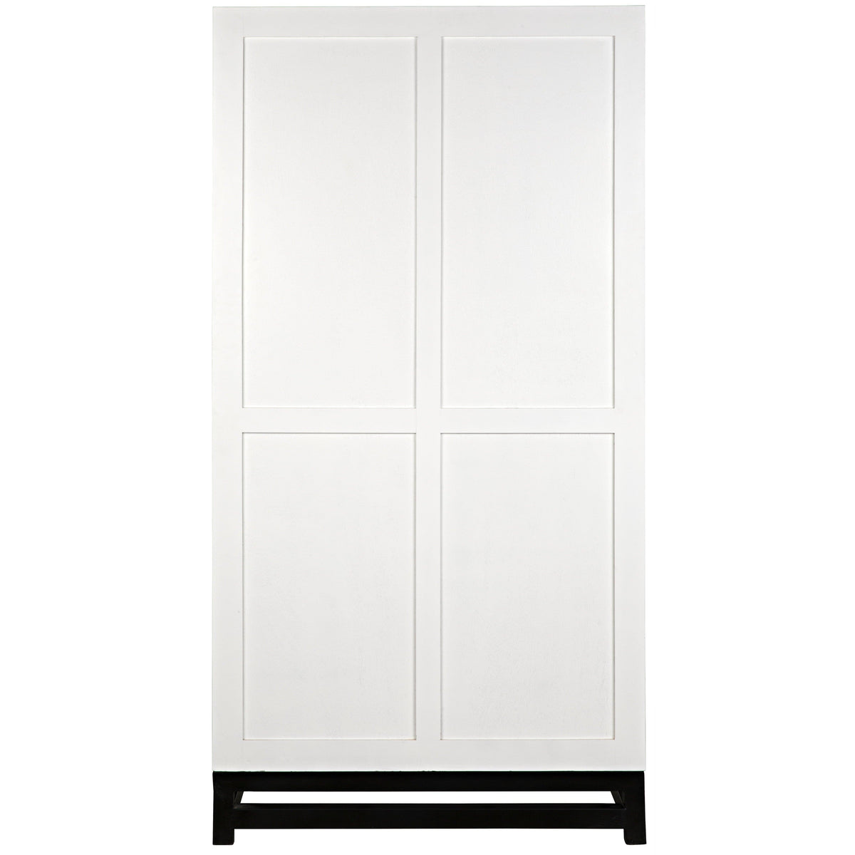 White mahogany hutch with four paneled doors and a dark base.