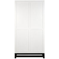White mahogany hutch with four paneled doors and a dark base.