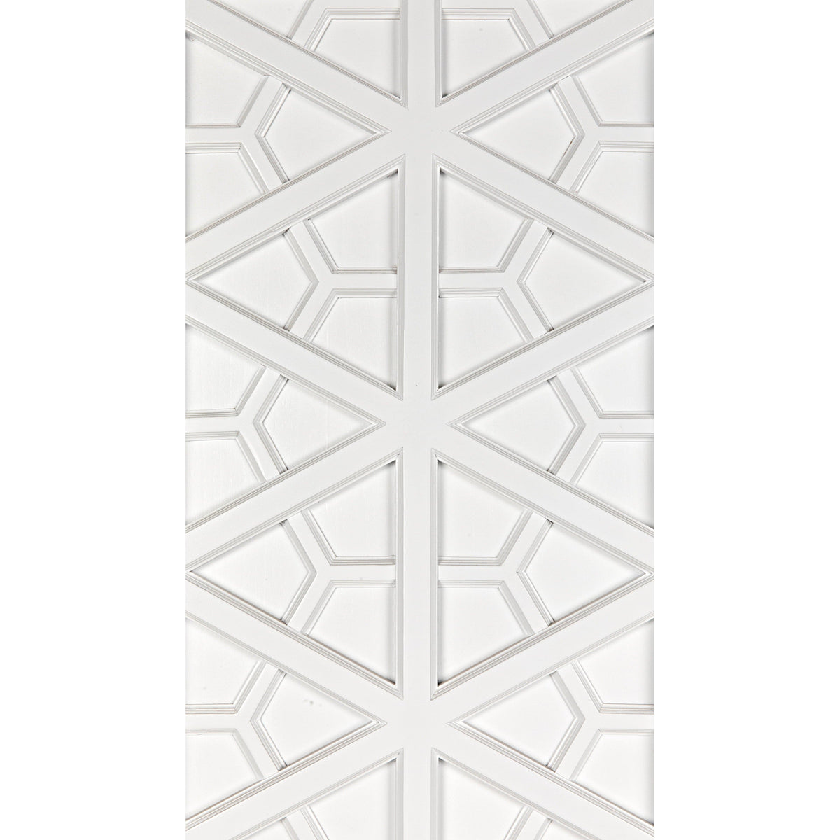 White mahogany hutch door with intricate geometric hand-carved details.