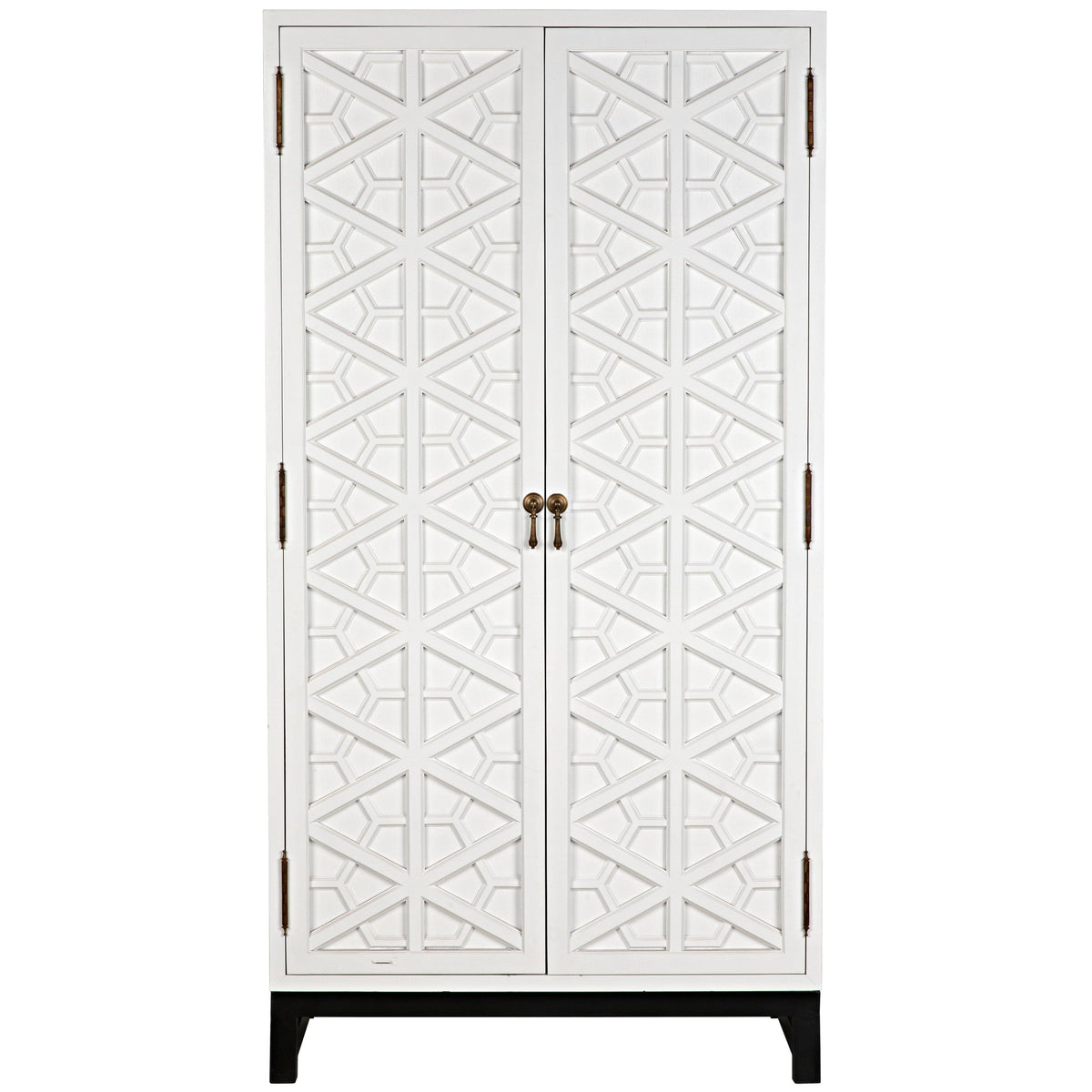 White mahogany hutch with detailed hand-carved geometric doors and brass hardware.