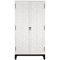 White mahogany hutch with detailed hand-carved geometric doors and brass hardware.