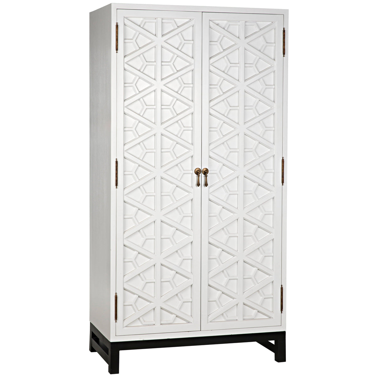 White mahogany hutch with intricate geometric hand-carved doors and dark base.