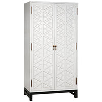 White mahogany hutch with intricate geometric hand-carved doors and dark base.
