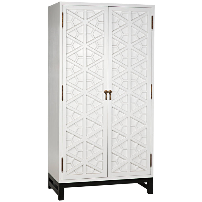 White mahogany hutch with intricate geometric hand-carved doors and dark base.