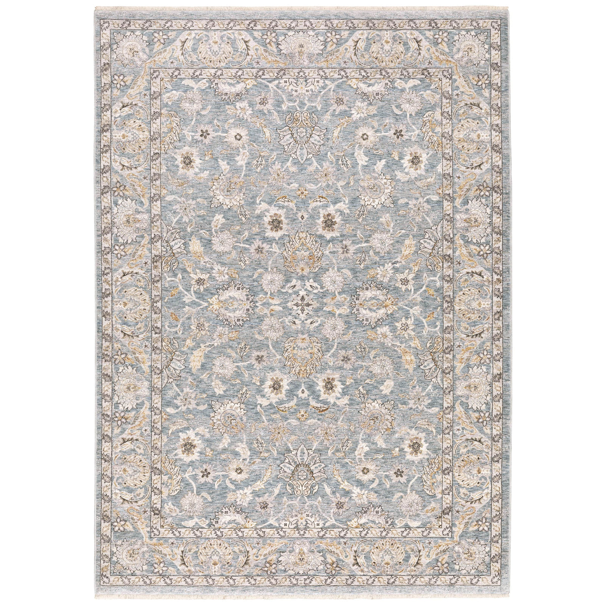 Maharaja Blue & Ivory Traditional Rug with intricate floral patterns, made from space-dyed polyester.