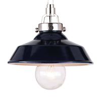 Small navy ceramic pendant light with polished nickel hardware and a clear bulb.