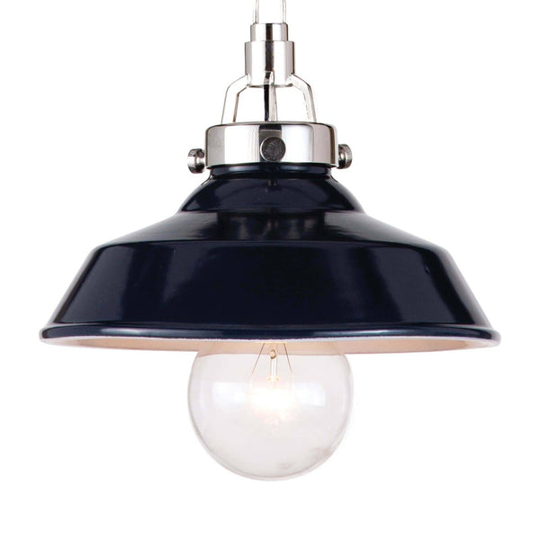 Small navy ceramic pendant light with polished nickel hardware and a clear bulb.