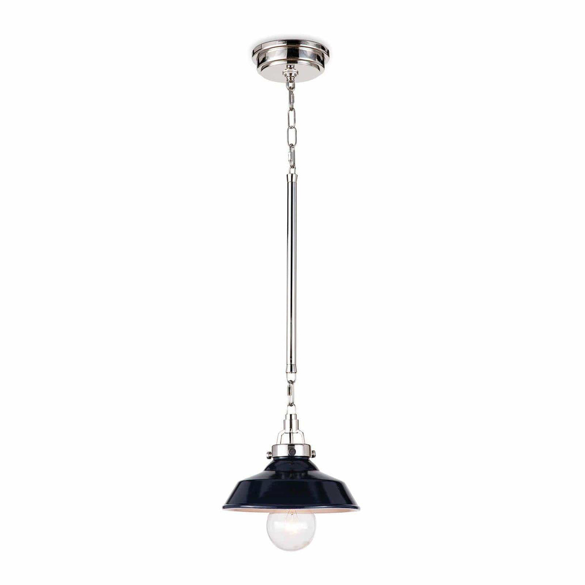 Small navy ceramic pendant light with polished nickel hardware and a clear bulb.