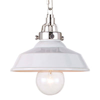 Small white ceramic farmhouse pendant light with polished nickel hardware and a clear glass bulb.