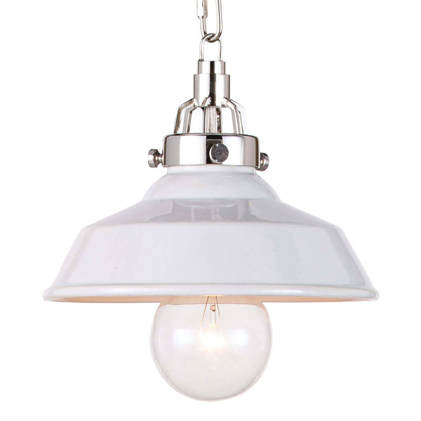 Small white ceramic farmhouse pendant light with polished nickel hardware and a clear glass bulb.