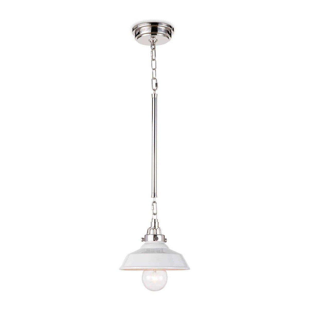 Small white ceramic farmhouse pendant light with polished nickel hardware and exposed bulb.