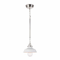 Small white ceramic farmhouse pendant light with polished nickel hardware and exposed bulb.