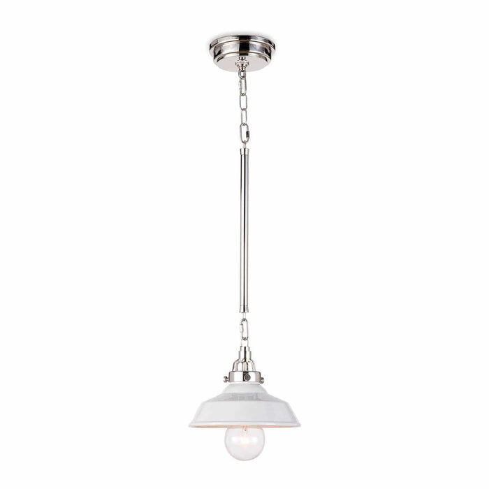 Small white ceramic farmhouse pendant light with polished nickel hardware and exposed bulb.
