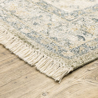 Malabar Beige & Charcoal Traditional Rug with Persian designs, hand-loomed polyester/rayon, and fringe.
