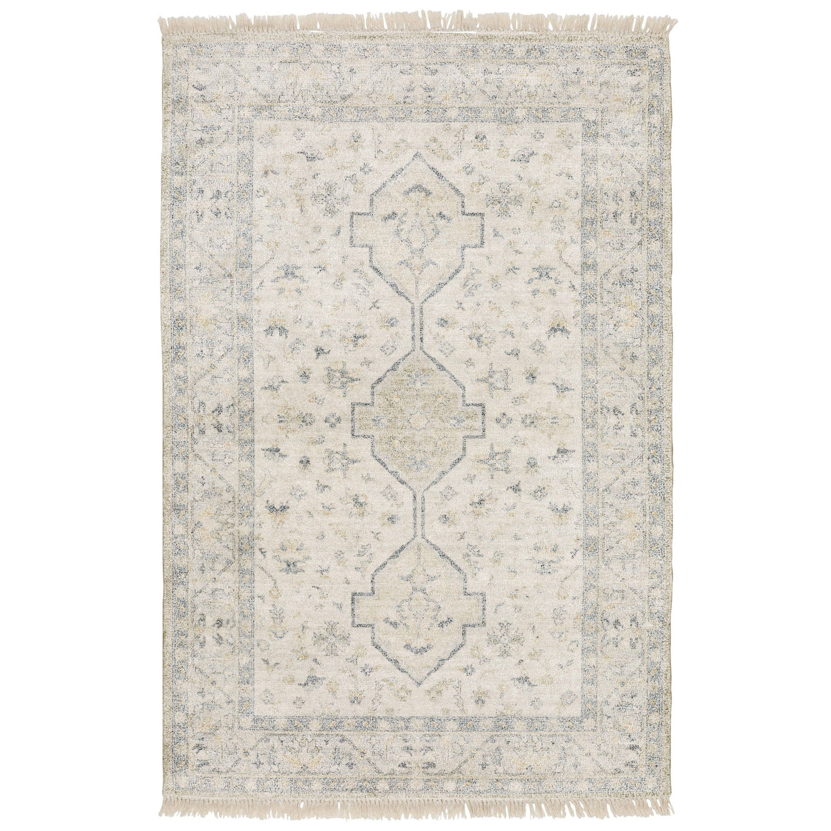 Malabar Beige & Charcoal Traditional Rug with Persian designs, hand-loomed polyester/rayon, and fringe.