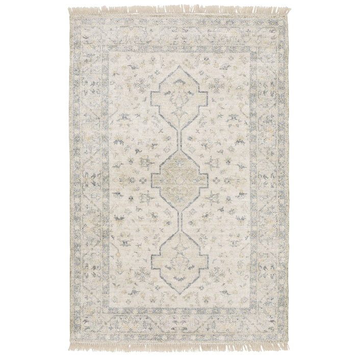 Malabar Beige & Charcoal Traditional Rug with Persian designs, hand-loomed polyester/rayon, and fringe.