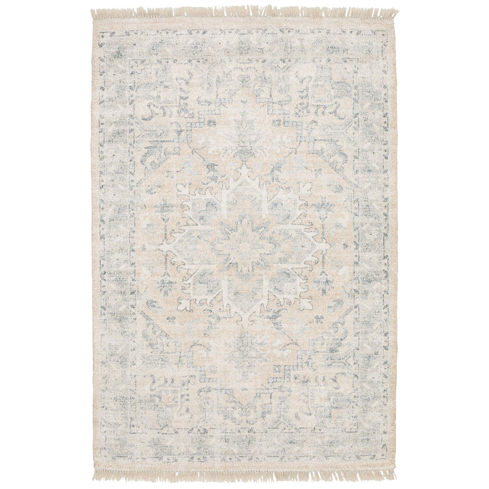 Hand-loomed Malabar Beige & Grey Casual Rug with subtle Persian designs and fringe.