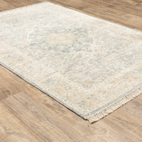 Hand-loomed Malabar Beige & Grey Chenille Traditional Rug with Persian design and fringe on wood floor.