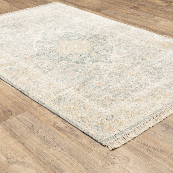 Hand-loomed Malabar Beige & Grey Chenille Traditional Rug with Persian design and fringe on wood floor.