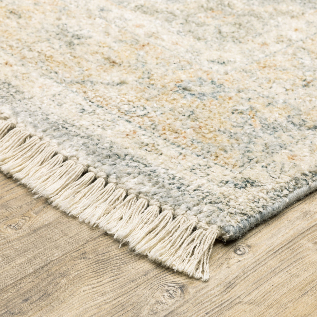 Malabar Beige & Grey Chenille Traditional Rug with fringe, showcasing hand-loomed texture and classic Persian design.