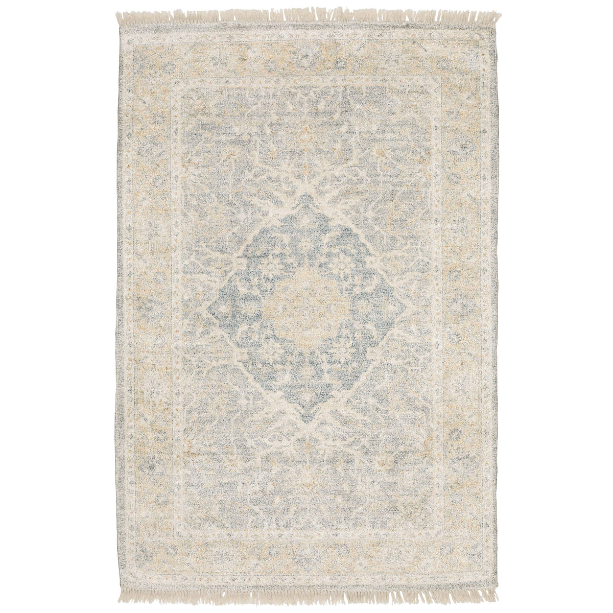 Hand-loomed Malabar Beige & Grey Chenille Traditional Rug with classic Persian design and fringe.