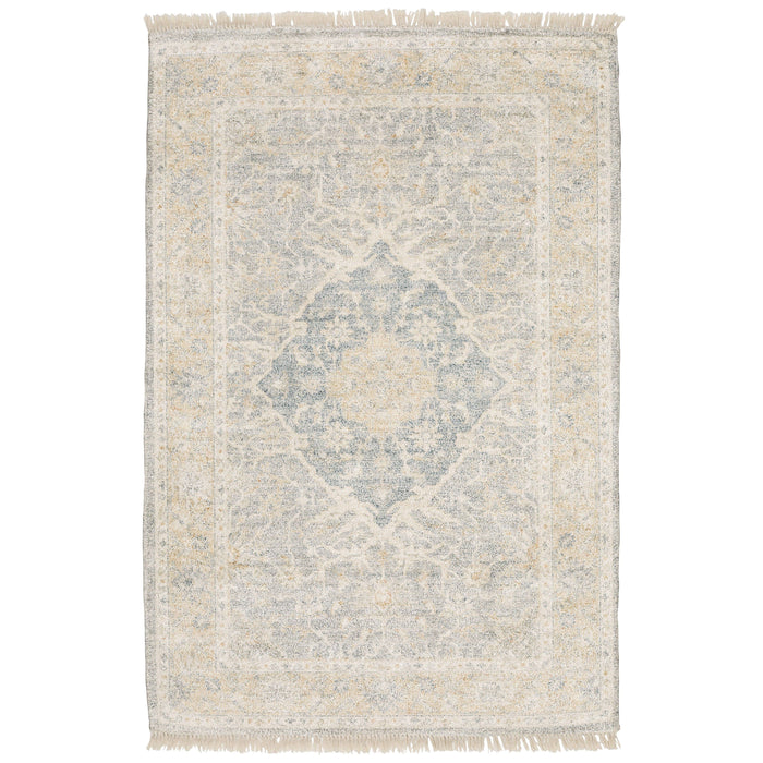 Hand-loomed Malabar Beige & Grey Chenille Traditional Rug with classic Persian design and fringe.