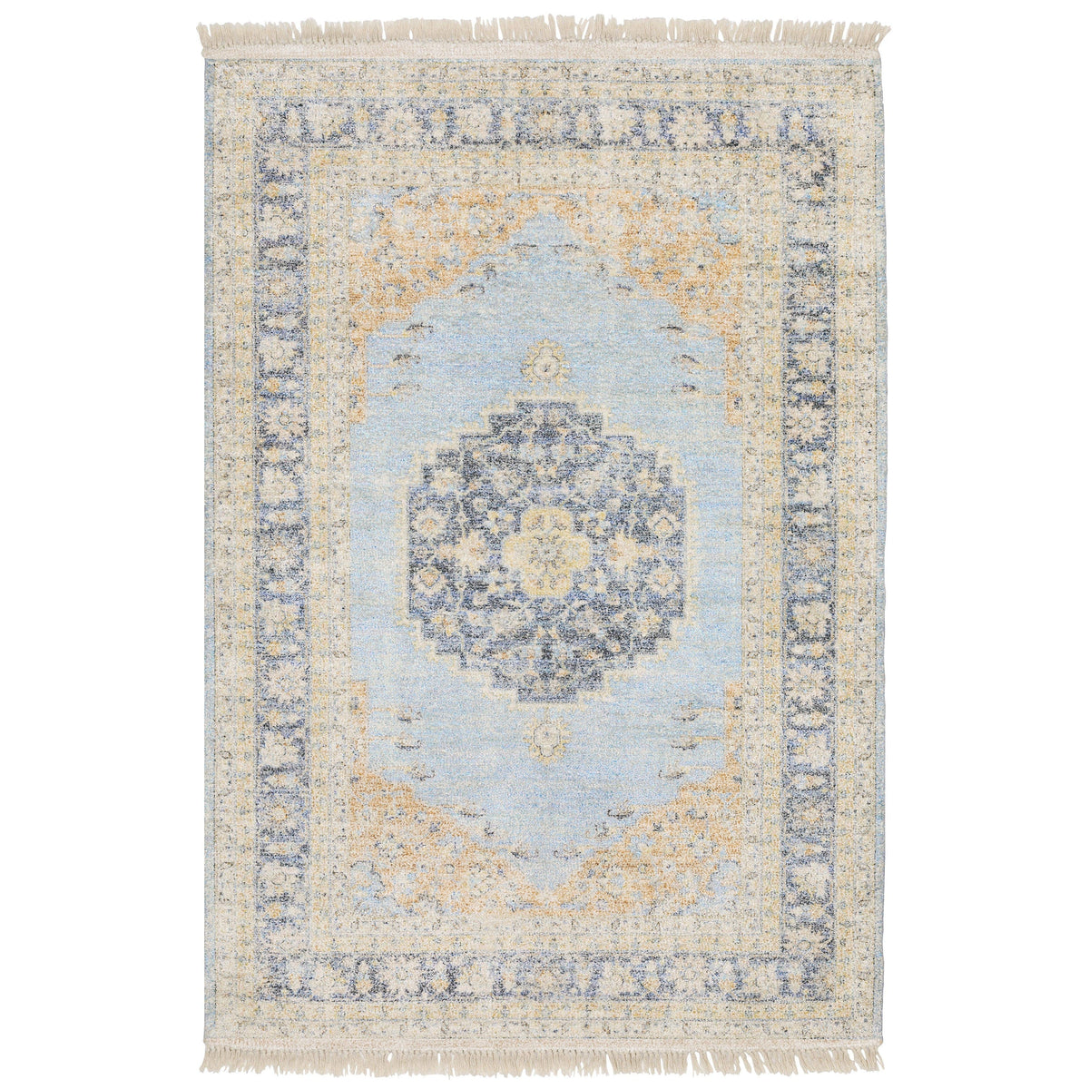 Malabar Blue & Beige Traditional Rug with Persian design, hand-loomed polyester/rayon, fringe.
