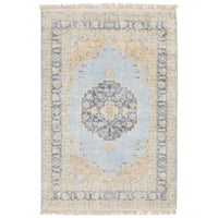 Malabar Blue & Beige Traditional Rug with Persian design, hand-loomed polyester/rayon, fringe.