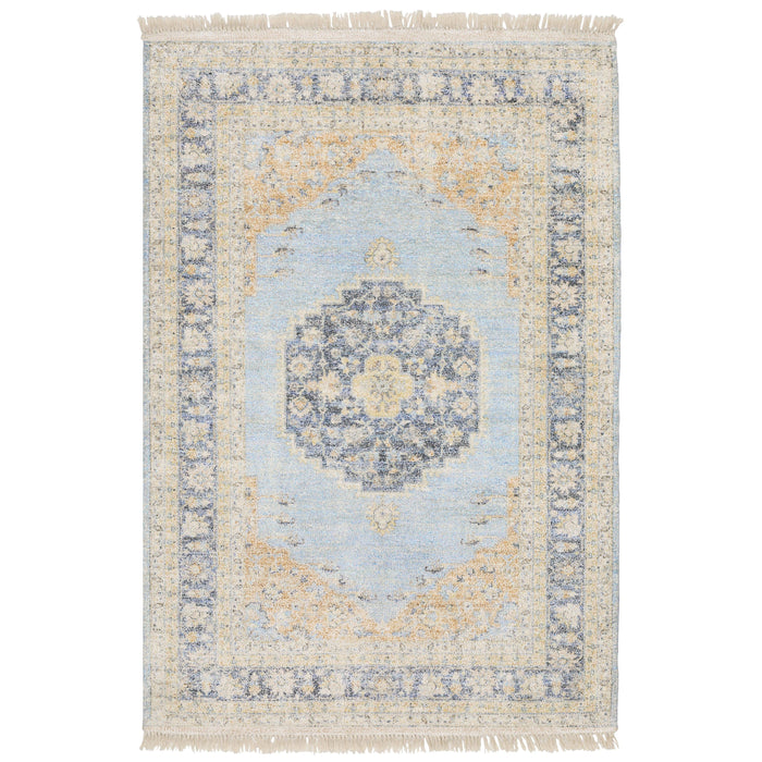 Malabar Blue & Beige Traditional Rug with Persian design, hand-loomed polyester/rayon, fringe.