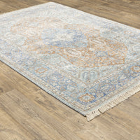 Hand-loomed Malabar blue & red traditional chenille rug with Persian design and fringe.