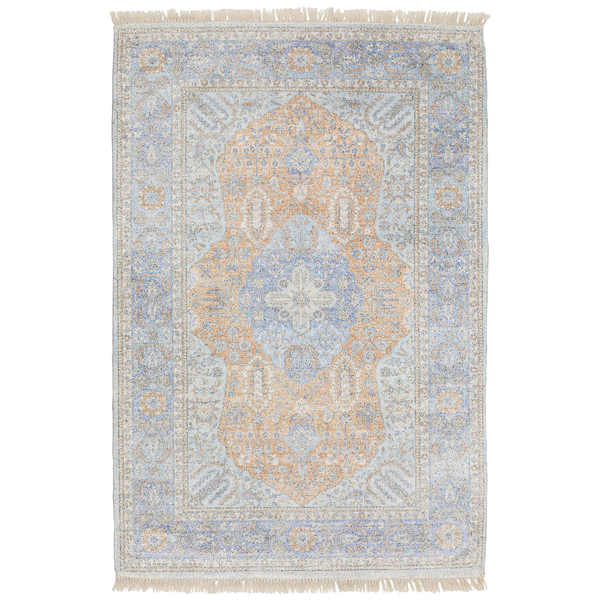 Hand-loomed Malabar blue and red traditional chenille rug with Persian design and fringe.