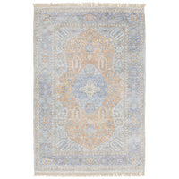 Hand-loomed Malabar blue and red traditional chenille rug with Persian design and fringe.