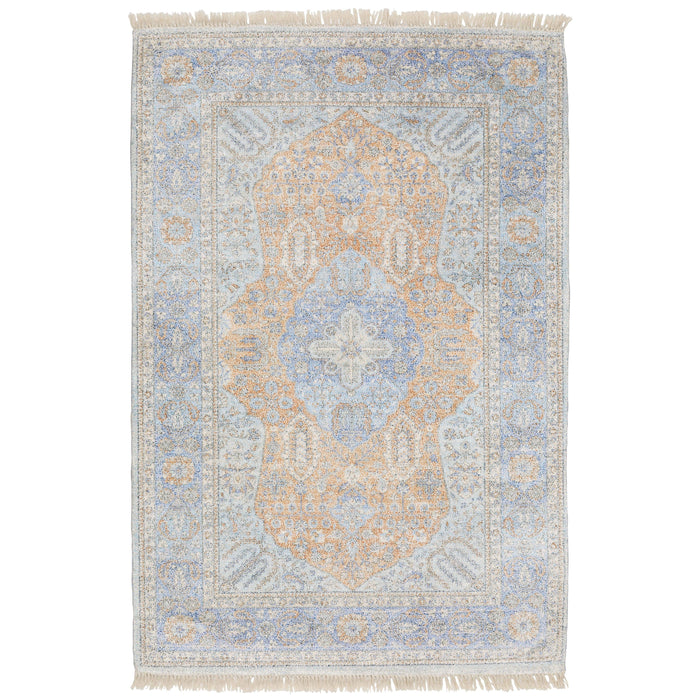 Hand-loomed Malabar blue and red traditional chenille rug with Persian design and fringe.