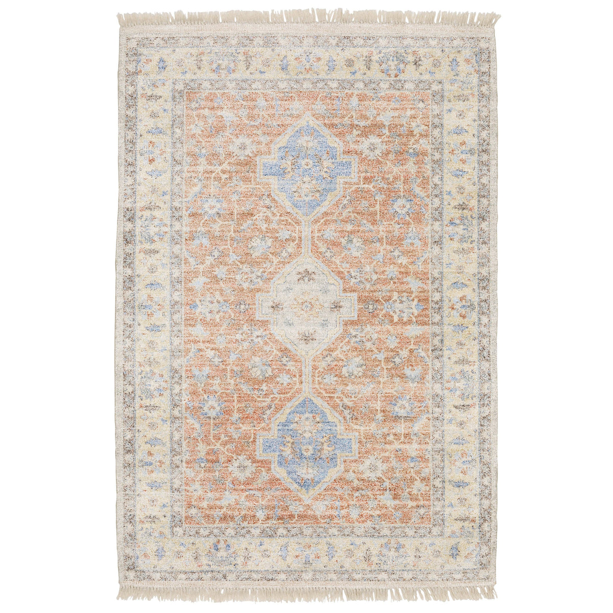 Hand-loomed Malabar traditional rug with Persian designs in orange, blue, and warm clay tones.