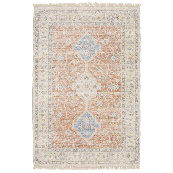 Hand-loomed Malabar traditional rug with Persian designs in orange, blue, and warm clay tones.